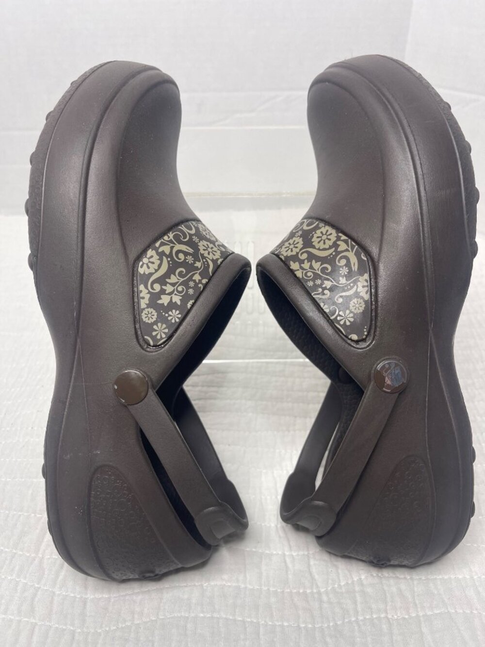 Crocs Mercy Work Brown Floral Pattern Slip-On Clogs Women SZ 10 Comfortable - Picture 5 of 8